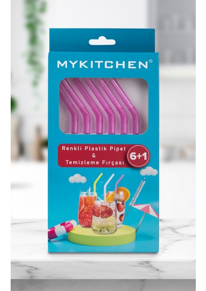 Pembe Renkli Plastik Pipet ve Temizleme Fırçası - 6'lı Kristal Pembe Renkli Pipet