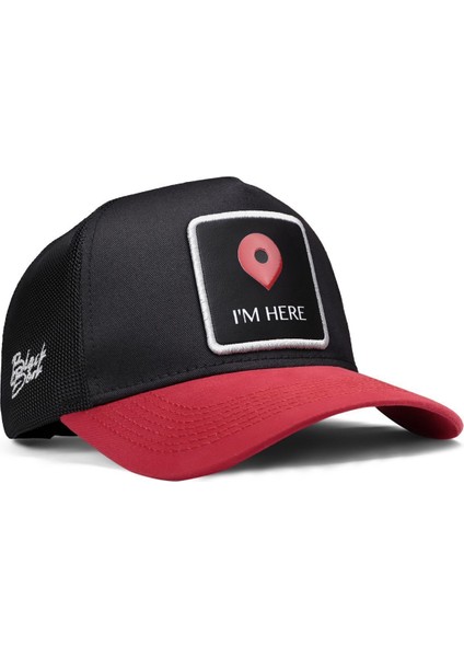 V1 Trucker I'm Here - 1 Kod Logolu Unisex Kırmızı Siperli-Siyah Şapka
