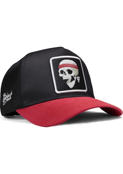 V1 Trucker Kurukafa - 2 Kod Logolu Unisex Kırmızı Siperli-Siyah Şapka