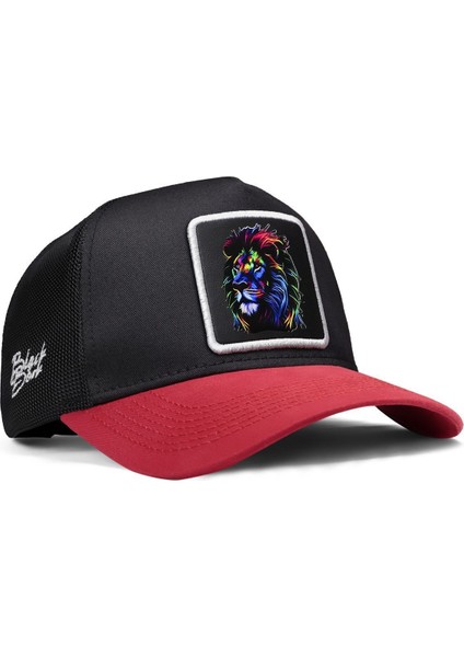 V1 Trucker Aslan - 7 Kod Logolu Unisex Kırmızı Siperli-Siyah Şapka