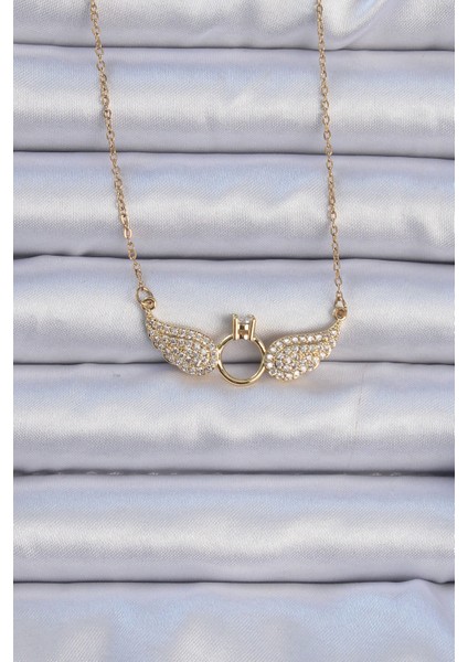 316L Çelik Zincir Altın Renk Kanatlı Tektaş Kolye - TJ-BKO9077