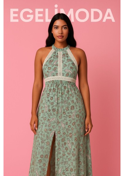 Çiçek Desenli Sırtı Açık Yırtmaçlı Uzun Viskon Elbise