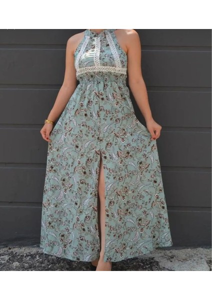 Çiçek Desenli Sırtı Açık Yırtmaçlı Uzun Viskon Elbise fırsatları