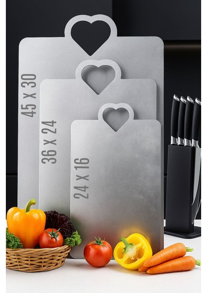 304 Kalite Antibakteriyel Paslanmaz Çelik Kalpli Kesme Tahtası 3 Adet!