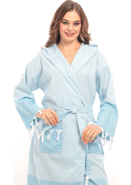 Unisex Hürrem Püskül Modelli Banyo-Havuz-Deniz-Plaj Pamuklu Peştamal Bornoz-Turkuaz