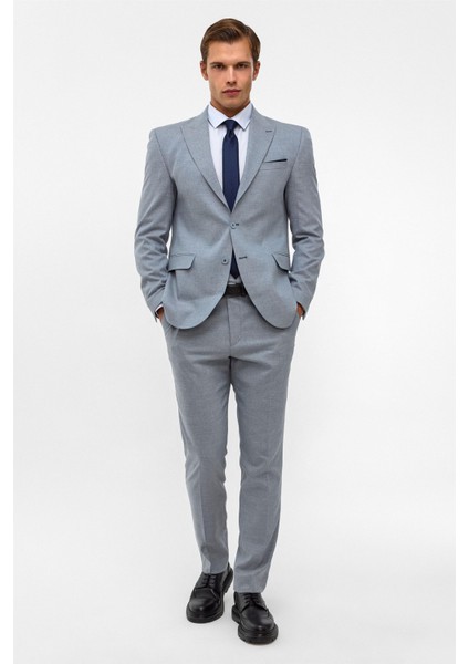 Saks Mavi Slim Desenli Mono Yaka 6 Drop Takım Elbise