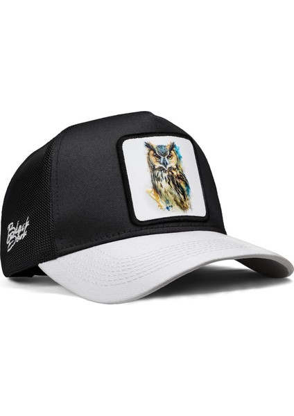 V1 Trucker Baykuş - 6bs Kod Logolu Unisex Beyaz Siperli-Siyah Şapka