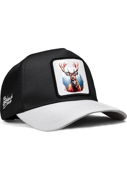 V1 Trucker Geyik - 1bs Kod Logolu Unisex Beyaz Siperli-Siyah Şapka