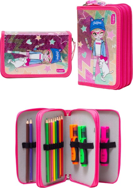 Pembe Kız Desenli Pvc Üç Bölmeli Kız Çocuk Organizer Kalemlik Kalem Kutusu -CP7002