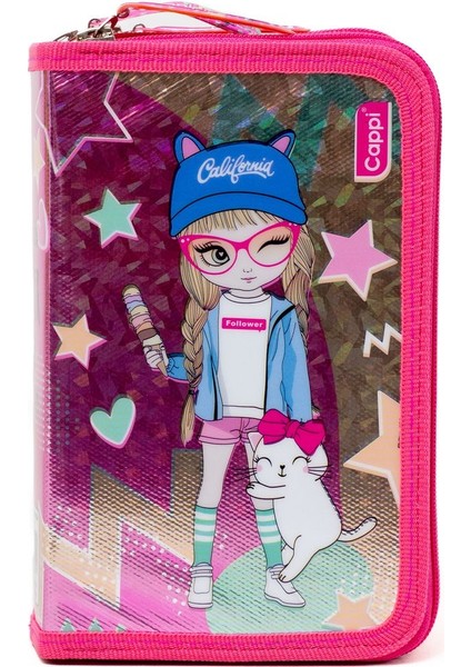 Pembe Kız Desenli Pvc Üç Bölmeli Kız Çocuk Organizer Kalemlik Kalem Kutusu -CP7002