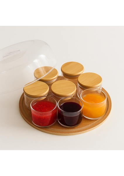 8 Adet 150 ml Borosilikat Cam Kapaklı Ahsap Fanusu -Fanuslu BAMBU Kapaklı Kahvaltilik - ( 70 x 50 Mm)