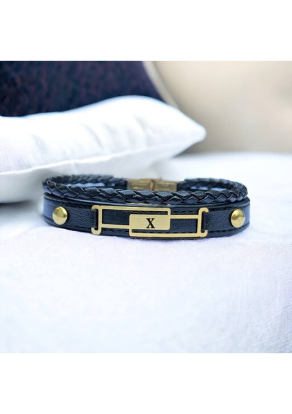 14 Ayar Altın Plakalı x Harfine Özel Dikdörtgen Motifli Siyah Derili Hediye BILEKLIK-591HARF