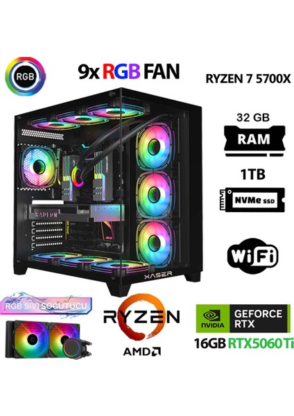 SOVA X40 Ryzen 7 5700X 32GB 1tb M.2 Nvme SSD 16GB RTX5060TI Sıvı Soğutmalı Masaüstü Oyuncu Bilgisayarı