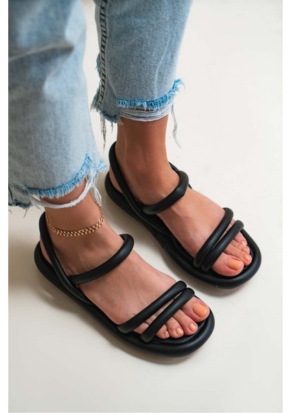 Ortopedik Siyah Kadın Sandalet Rahat Kadın Sandalet Puff Sandalet Anatomik Kadin Sandalet