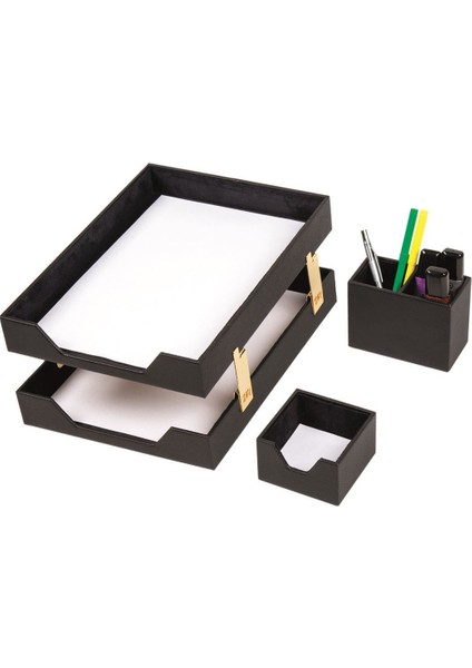 Deri 3 Parça Masa Üstü Seti Çiftli Evrak Rafı, Kalemlik ve Notluk fırsatları