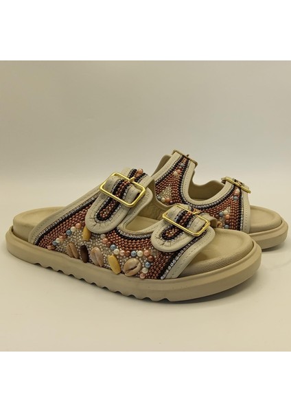 Bona Krem Gerçek Deri Boncuk Işlemeli Kadın Terlik