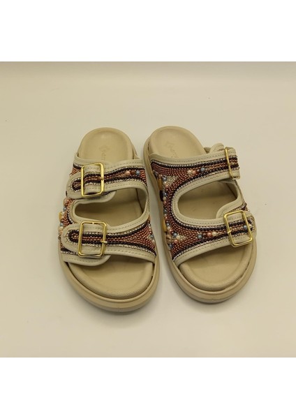 Bona Krem Gerçek Deri Boncuk Işlemeli Kadın Terlik modelleri