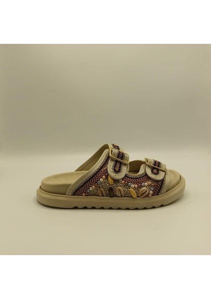 Bona Krem Gerçek Deri Boncuk Işlemeli Kadın Terlik indirimleri