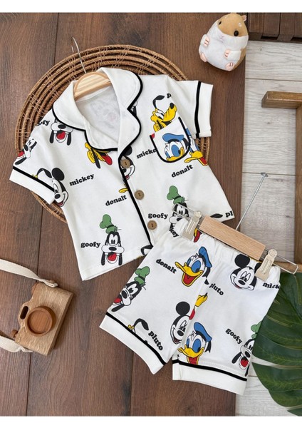 Kruvaze Yaka Önden Düğmeli Rahat Kalıp Yazlık Kız Bebek Pijama Takımı %100 Pamuk indirimleri