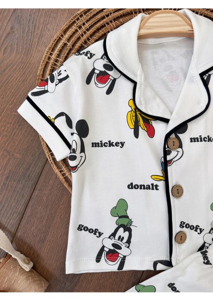Kruvaze Yaka Önden Düğmeli Rahat Kalıp Yazlık Kız Bebek Pijama Takımı %100 Pamuk