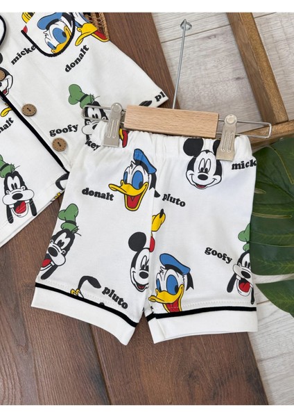 Kruvaze Yaka Önden Düğmeli Rahat Kalıp Yazlık Kız Bebek Pijama Takımı %100 Pamuk