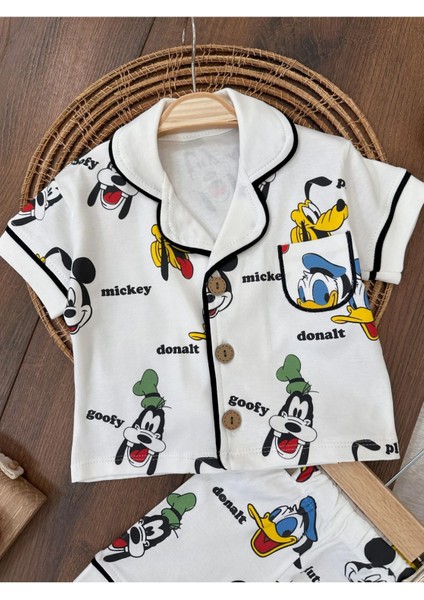 Kruvaze Yaka Önden Düğmeli Rahat Kalıp Yazlık Kız Bebek Pijama Takımı %100 Pamuk