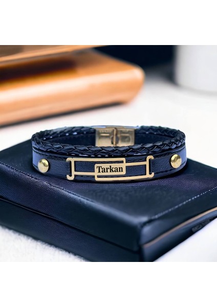 14 Ayar Plakalı Altın Tarkan Ismine Özel Dikdörtgen Motifli Siyah Derili Hediye BILEKLIK-591ISIM