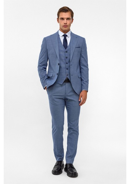 Buz Mavi Slim Armürlü Sivri Yaka 6 Drop Takım Elbise