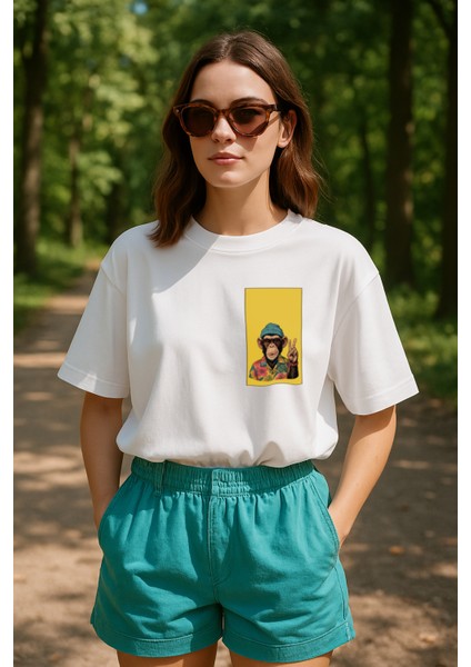 Oversize Unisex %100 Pamuk Premium Renkli Maymun Baskılı T-Shirt