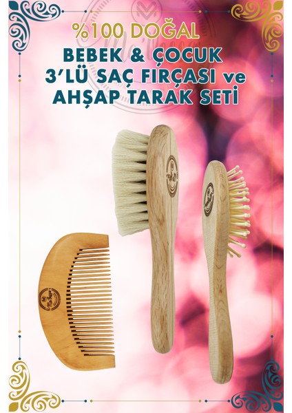 3'lü Doğal Bebek & Çocuk Saç Fırçası Seti(Keçi Kılı Saç Fırçası-Bambu Dişli Saç Fırçası-Ahşap Tarak)
