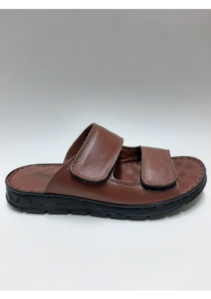 Hakiki Deri Çift Cırtlı Burnu Açık Rahat Taba Rengi Erkek Terliği C-96095MRT