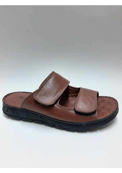 Hakiki Deri Çift Cırtlı Burnu Açık Rahat Taba Rengi Erkek Terliği C-96095MRT fiyatları