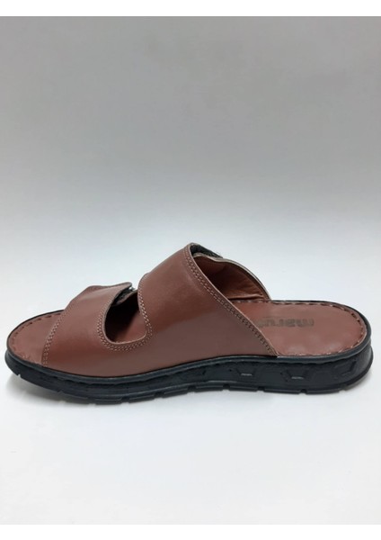 Hakiki Deri Çift Cırtlı Burnu Açık Rahat Taba Rengi Erkek Terliği C-96095MRT modelleri