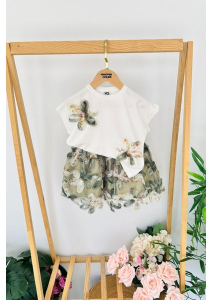 Zambak Detaylı Tül Etekli Kız Çocuk etekli takım - Yeşil