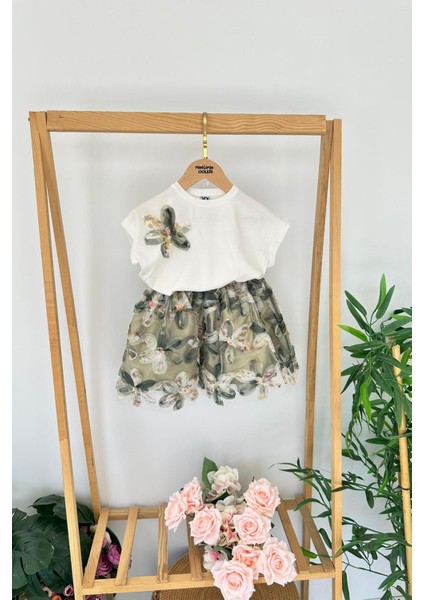 Zambak Detaylı Tül Etekli Kız Çocuk etekli takım - Yeşil fiyatları