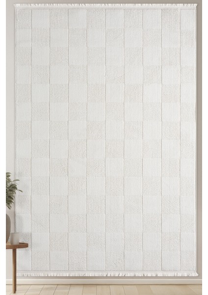 Posıtano Krem Renk Kareli Model Yumuşak Bukleli ve Püsküllü Dekoratif Makine Dokuma Halı Oturma Odası Salon Mutfak Antre fırsatları