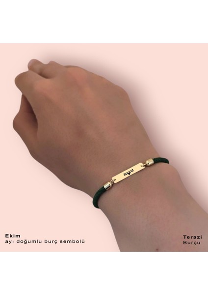 Altın Plakalı 14 Ayar Ekim Ayı Doğumlarına Dikdörtgen Motifli Yeşil Örgülü Hediye BILEKLIK-554AY