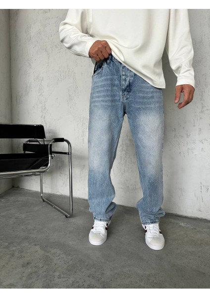 WE11 Erkek Baggy Jeans Pantolon Asit Mavi Bol Paça