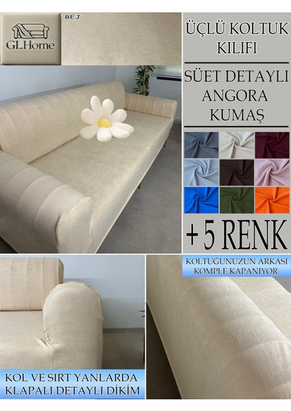 Süet Detaylı Angora Kumaş 3lü Komple Giydirme Kanepe & Çekyat, Bohem, Porto, Vb. Model Koltuk Kilifi