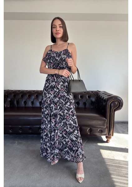 Kayık Yaka Fırfırlı Özel Şifon Elbise- Siyah fırsatları