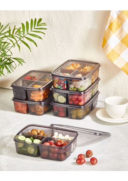 4 Bölmeli Kapaklı Sebze Saklama Kabı, Öğünlük ve Buzdolabı Düzenleyici, 250 Ml, Gri