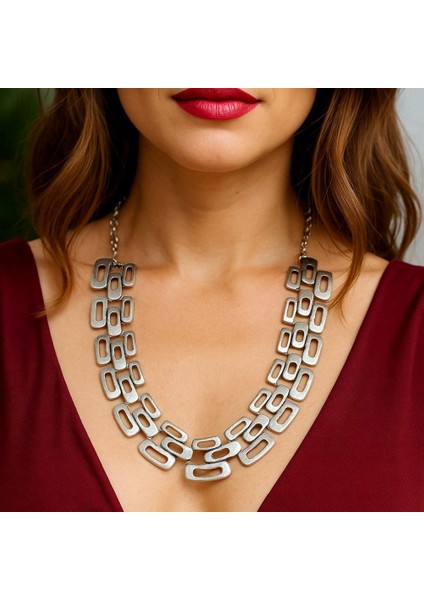 Dikdörtgenler Şekilli Kadın Kolye Gümüş Kaplama Ayarlanabilir El Yapımı Kadın Kolye