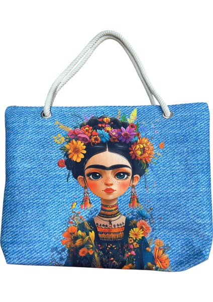 Sedosh Home Frida Desenli Kadın Plaj Çantası – Büyük Boy Fermuarlı, Halat Saplı, Yıkanabilir Kumaş (45X35 cm – 25 Litre)