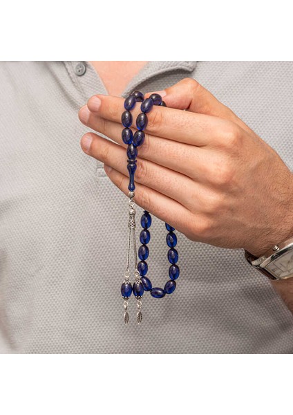 Gümüş Püsküllü Lacivert Sıkma Kehribar Tesbih fiyatları