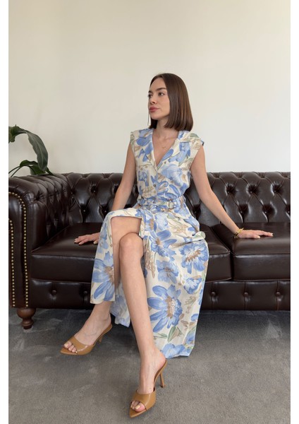 Doğa Çağrısı - Gömlek Yaka Düğmeli Kemerli Keten Elbise- Mavi