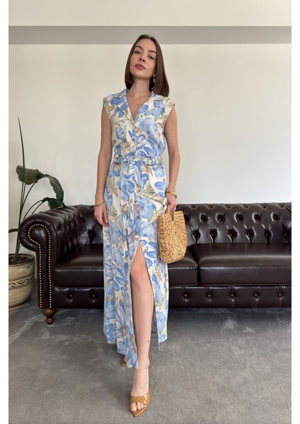 Doğa Çağrısı - Gömlek Yaka Düğmeli Kemerli Keten Elbise- Mavi fiyatları