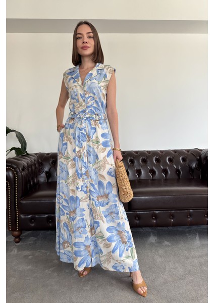 Doğa Çağrısı - Gömlek Yaka Düğmeli Kemerli Keten Elbise- Mavi modelleri