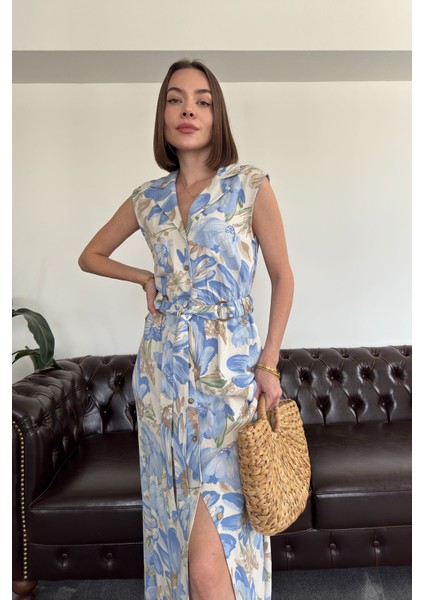 Doğa Çağrısı - Gömlek Yaka Düğmeli Kemerli Keten Elbise- Mavi fırsatları
