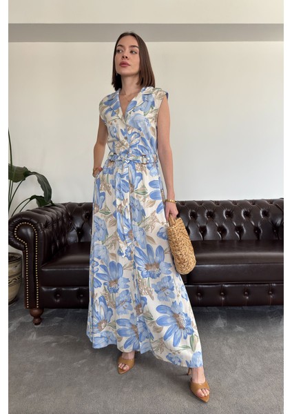 Doğa Çağrısı - Gömlek Yaka Düğmeli Kemerli Keten Elbise- Mavi indirimleri