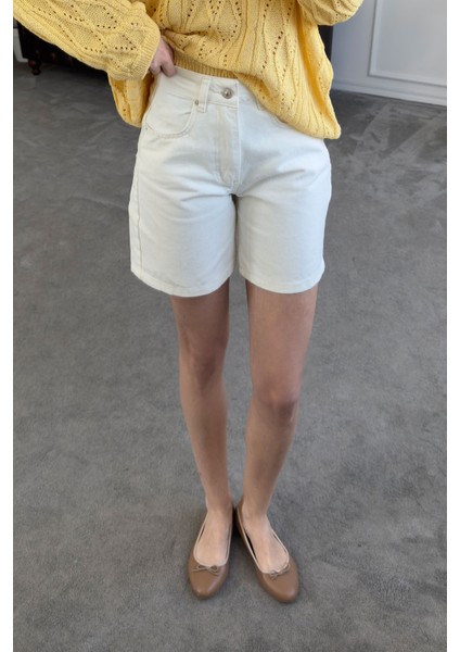 Regular Premium Denim Şort- Beyaz